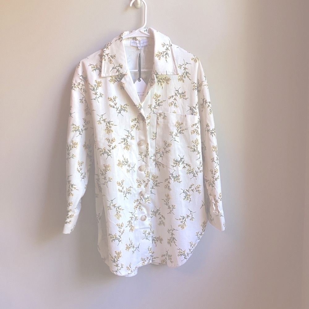 English Factory NWT oversized shirt cream corduroy yellow floral Anthropologie